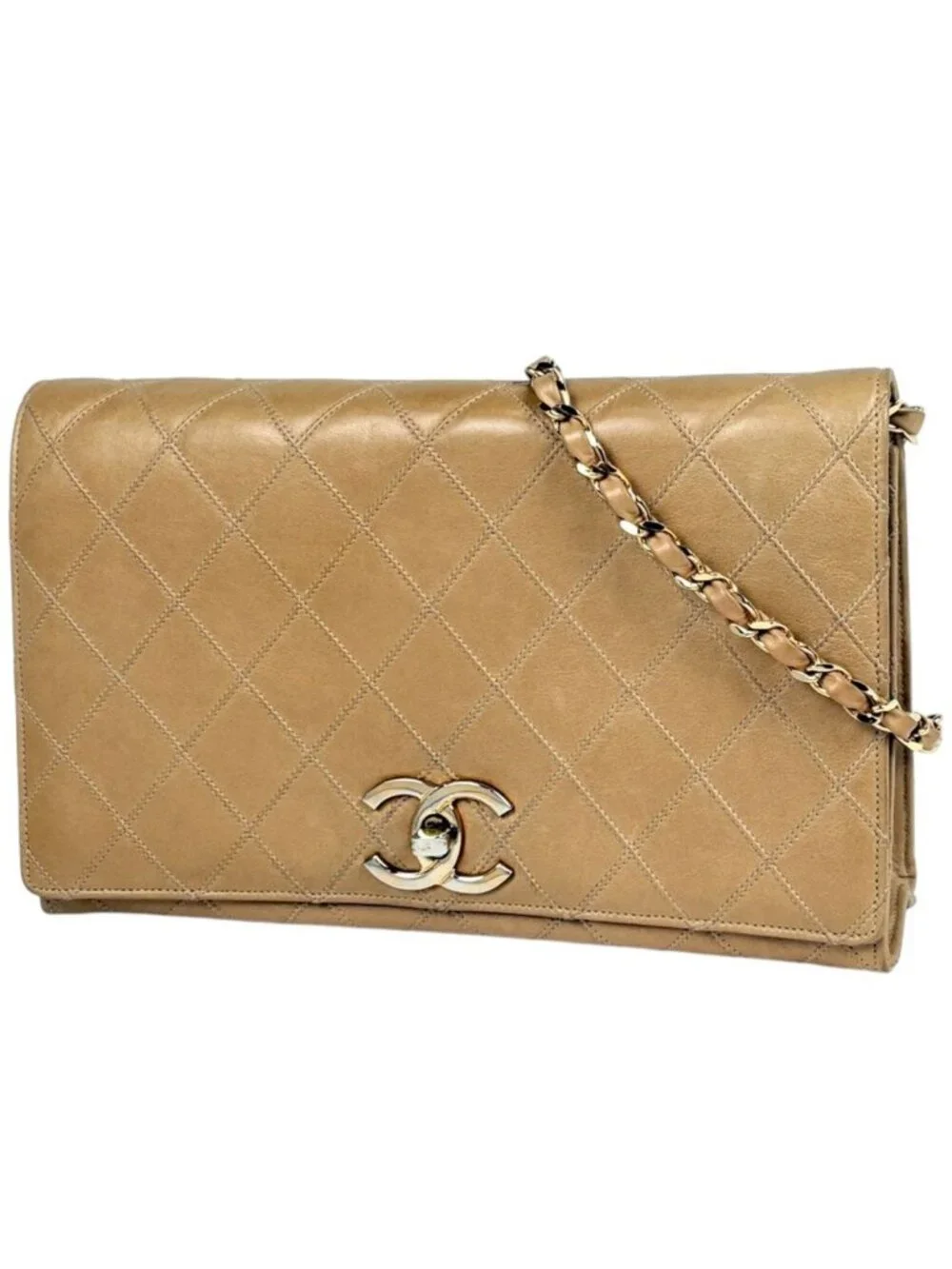 Chanel Shoulder Bag Cosmos Line CC Logo Leather Beige